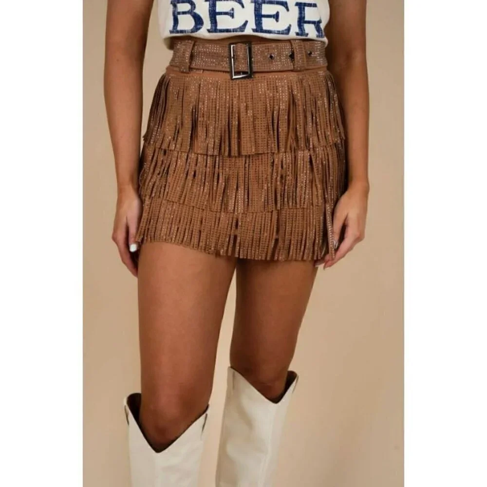 *PLUS ONLY* Spotlight Stealer Rhinestone Fringe Mini Skort Camel - Picture 3 of 10